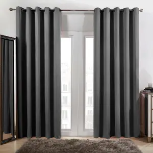 Dreamscene Eyelet Blackout Curtains Set of 2 Thermal Ring Top Window Treatment Panels - Charcoal Grey, Width 46" x Drop 54"