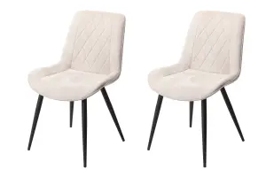 PAIR, Natural colour Aspen diamond stitch fabric dining chairs, black tapered legs