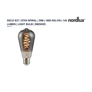 Nordlux Deco E27 ST64 Spiral Dim 1800 Kelvin 140 Lumen Light Bulb In Smoked