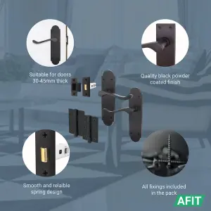 AFIT Matt Black Door Handle Latch Set - Victorian Scroll Shaped - 4 Pairs of Internal Latch Door Handles, Hinges 76mm & Latch 64mm