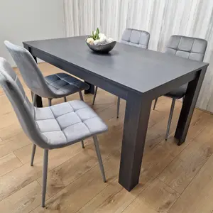 Dining Table and 4 Chairs  Black Dark Grey 4 Velvet Grey Chairs Wood Dining Set Furniture