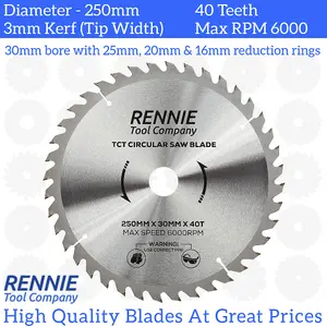 250mm x 40T TCT Circular Wood Saw Blade. Fits Bosch Makita Dewalt Circular Saws Etc