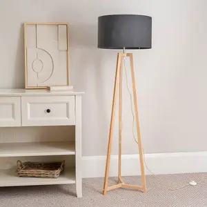 ValueLights Lottie Natural Wood Tripod Floor Lamp with Charcoal Grey Drum Shade - LED Bulb Included