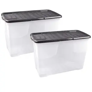 3 x 100 Litre Clear Transparent Base Stackable Curve Plastic Storage Boxes With Black Lids