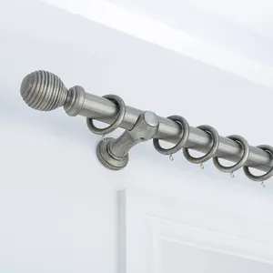 A.Unique Home Ribbed Wooden Curtain Pole with Rings and Fittings - 35mm - 150cm - Antique Silver