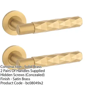 2 PACK - PAIR Diamond Lever on Round Rose Door Handle - Satin Brass Concealed Screw