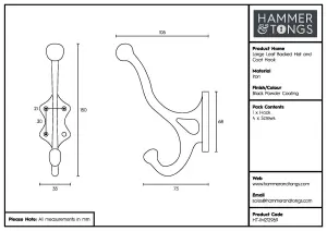 Hammer & Tongs - Leaf Backed Hat & Coat Hook - W35mm x H150mm - Black