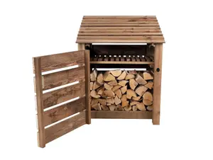 Slatted wooden log store with door and kindling shelf W-99cm, H-126cm, D-88cm - brown finish