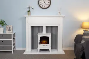 Adam Florence Stove Fireplace in Pure White with Aviemore Electric Stove in White Enamel, 48 Inch