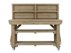 Indoor/outdoor workbench pressure treated station (H-90cm, D-64cm, L-150cm) with back panel, double shelf and wheels