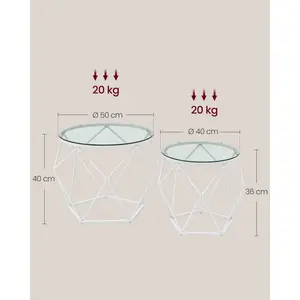 Alieya Round Coffee Tables, Set Of 2 Side Tables, Modern Style, Removable Tabletop, Steel Frame, For Living Room,Transparent-Cloud White