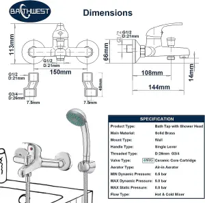 BATHWEST Bathroom Shower Mixer Tap Wall Mount Modern Bathroom Taps with Shower Head Chrome Single Lever Monobloc Solid Brass