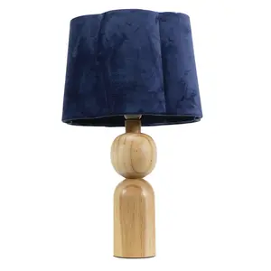 ValueLights Azalea Rustic Wooden Table Lamp with Navy Blue Velvet Scallop Shade and LED Bulb