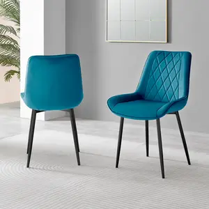 Palermo Velvet Modern Dining Chairs with Tapered Metal Legs & Quilted Diamond Stitching (Set of 2) Blue / Black