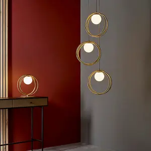 2 PACK Brushed Gold Table Lamp - Gloss Opal Glass Shade - Circular Hoop Design