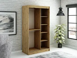 Leto T Contemporary 2 Sliding Door Wardrobe 5 Shelves 2 Rails Black Matt and Oak Effect (H)2000mm (W)1200mm (D)620mm