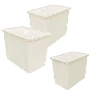 3 x Large Cream Stackable 80 Litre Plastic Rattan Storage Containers With Lids