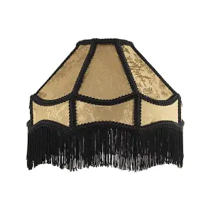 Gold Shimmer Victorian Lamp Shade with Floral Decoration and Black Long Tassels