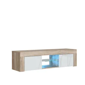 Loom TV Unit 130cm Oak & White with High Gloss Doors and LED Lighting - Creative Furniture