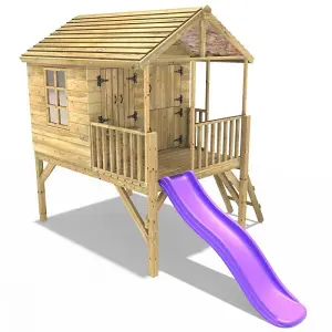 Rebo 5FT x 5FT Childrens Wooden Garden Playhouse on Deck with 6ft Slide - Falcon Purple