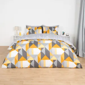 Duvet Cover Bedding Set Pillowcase Geometric Reversible Quilt, Ochre - Double