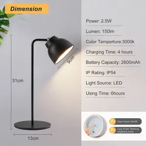 HARPER LIVING 4 IN 1 Rechargeable Table Lamp, LED Desk Lamp with Touch Control, Multifunctional Dimmable Bedside Wall Light-Black