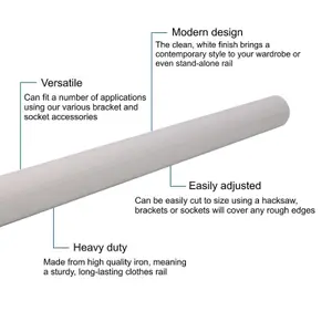 EAI - Wardrobe Rail Kit - 25mm Tube - 2500mm Rail with 2x End Brackets & 1x Centre Brackets - White