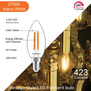 paul russells LED Filament Dimmable Candle Bulb, SES E14, 4.5W 470 Lumens, 40w Equivalent, 2700K Warm White, Pack of 10