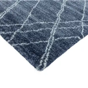 Blue Cream Geometric Luxurious Modern Shaggy Jute Backing Rug for Living Room Bedroom and Dining Room-80cm X 150cm