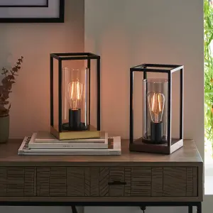 2 PACK Matt Black Framed Table Lamp Light & Glass Shade - Bronze Patina Base