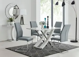 Furniturebox UK Mayfair 4 White High Gloss And Stainless Steel Dining Table And 4 Elephant Grey Lorenzo Chairs Set