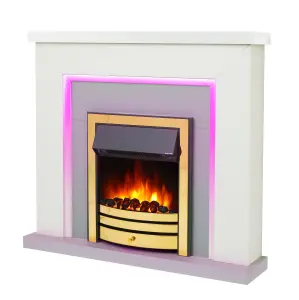 Bempton Electric Fireplace Suite - White top, Grey hearth, Brass fire.