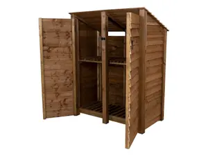 Wooden log store (roof sloping back) with door and kindling shelf W-146cm, H-180cm, D-88cm - brown finish