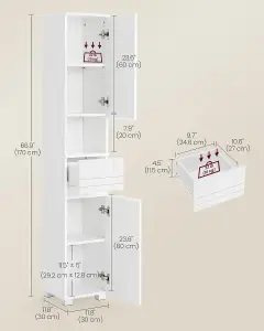 VASAGLE Tall Bathroom Cabinet, Slim Storage Cabinet, Bathroom Storage Unit, with a Drawer, Adjustable Shelves, White