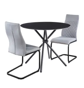 Hallowood Furniture Cullompton Small Round Black Dining Table (90cm) with 2 Light Grey High Back Chairs