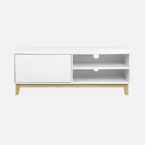 sweeek. 1-drawer TV unit with wooden legs Floki White 120x40x45 cm