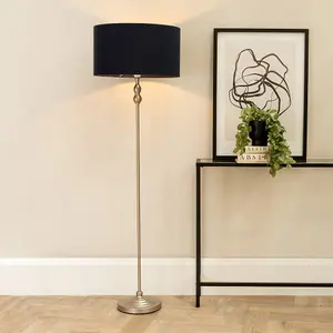 ValueLights Maggie Brushed Chrome Candlestick Floor Lamp with Black Shade with LED Bulb