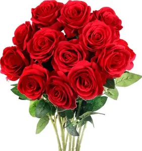 Mocoosy 12PCS Red Artificial Rose Flowers, Silk Roses Single Stem Realistic Fake Rose Bouquet For Wedding Bridal Shower Home Garden Decorations