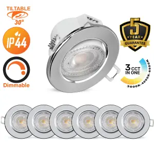 paul russells LED Downlight Chrome Dimmable Tilt Recessed Ceiling Spotlight 6W 570 Lumens, IP44, Colour Changeable CCT3 Pack of 6