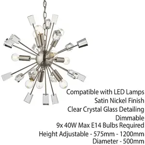 Multi Light Hanging Ceiling Pendant Satin Nickel & Crystal Feature Star Rod Lamp