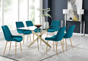 Furniturebox UK Leonardo 6 Gold Dining Table and 6 Blue Pesaro Gold Leg Chairs