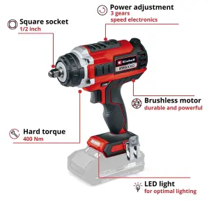 Einhell Cordless Impact Driver Wrench 400Nm 18V Brushless Power X-Change Hex Adapter Set Wrench IMPAXXO 18/400 - Body Only