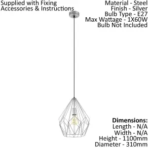 Hanging Ceiling Pendant Light Silver Wire Cage 1x 60W E27 Hallway Feature Lamp