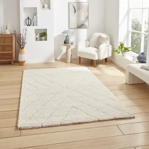 White Cream Geometric 30mm Thick Shaggy Rug, Stain-Resistant Modern Rug for Bedroom, Living, Dining Room-160cm X 230cm