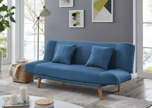 3 Seater Sofa Bed With Matching Cushions Wooden Legs, Blue