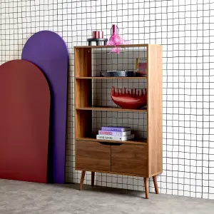 sweeek. Walnut-effect bookshelf 2 doors 3 levels Nepal Walnut 80x30x140 cm