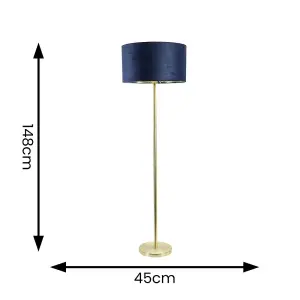 ValueLights Charles Gold Stem Floor Lamp with Navy Blue Velvet with Gold Inner Lamp Shade and LED Bulb