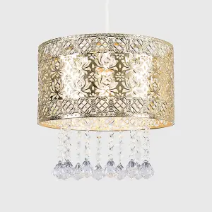 ValueLights Enna Modern Intricate Pattern Gold Ceiling Pendant Light Shade with Jewel Droplets