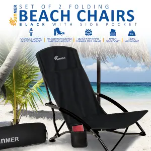 SUNMER Set of 2 Foldable Beach Chair with Side Pocket - Black