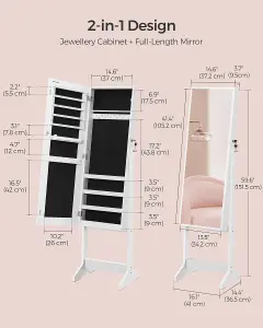 SONGMICS Full-Length Mirror Jewellery Cabinet, Standing Armoire with Lockable Storage, White Surface and Black Lining